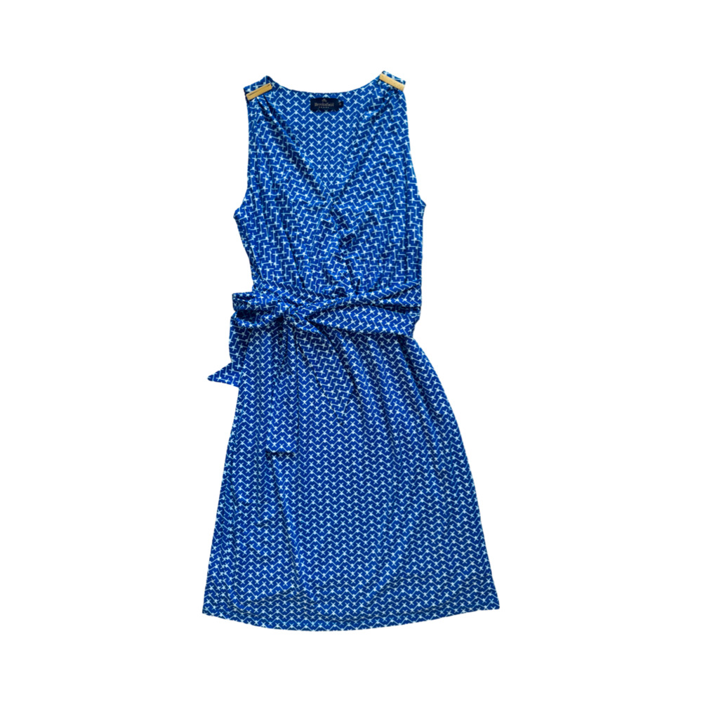 Brooksfield Donna Blue Geometric Pattern Sleeveless Wrap Dress with Gold Shoulde